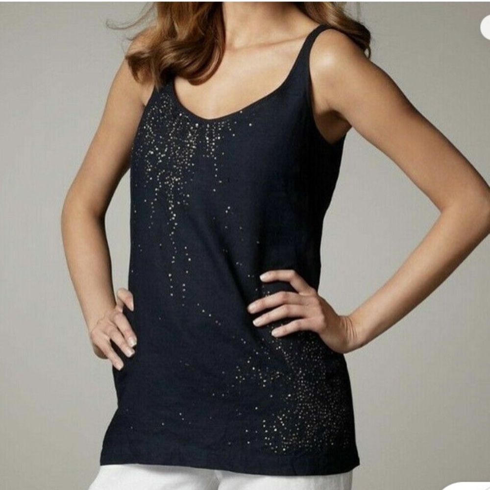 Eileen Fisher Evening Blue Handkerchief Linen Sequin Front Vneck Long Tank Top S